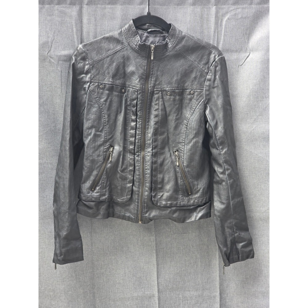 Bernardo Collection Faux Leather Moto Jacket Grey Quilted Biker Coat Small